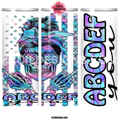 "ABCDEF you" Skull Tumbler by Krcil Designs | Featuring a Skull with a Messy Bun, giving two middle fingers. | Let our custom tumblers do the talking with our collection of personalized tumblers. Personalize It - add name, monogram, picture collage photo tumbler - the picture-perfect present! For the ultimate gift, add a t-shirt, or accessorize with a custom tote bag. Insulated stainless steel tumblers include a plastic slide top lid and metal or plastic straw. KrcilDesigns.com