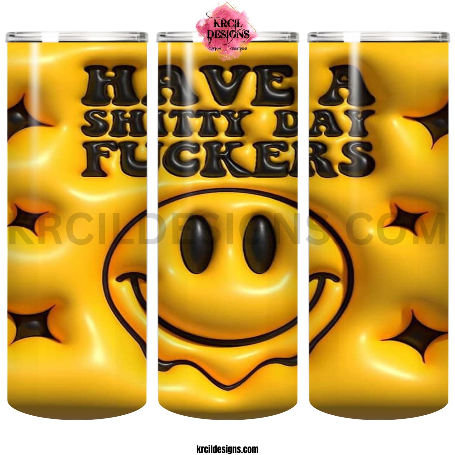 Introducing our Smiley Face Tumbler—it's sure to bring a smile and a lot of laughs! This coffee tumbler is the perfect secret Santa gift or for your white elephant gift. Stuff it with a hot chocolate packet and marshmallows for the ultimate gift! This funny tumbler has a bold yellow backdrop, features a smiley face, and diamond stars. This custom tumbler has a 3D effect. Give it a personal touch, add name, making it a one-of-a-kind personalized tumbler. Shop Funny Gifts at KrcilDesigns.com