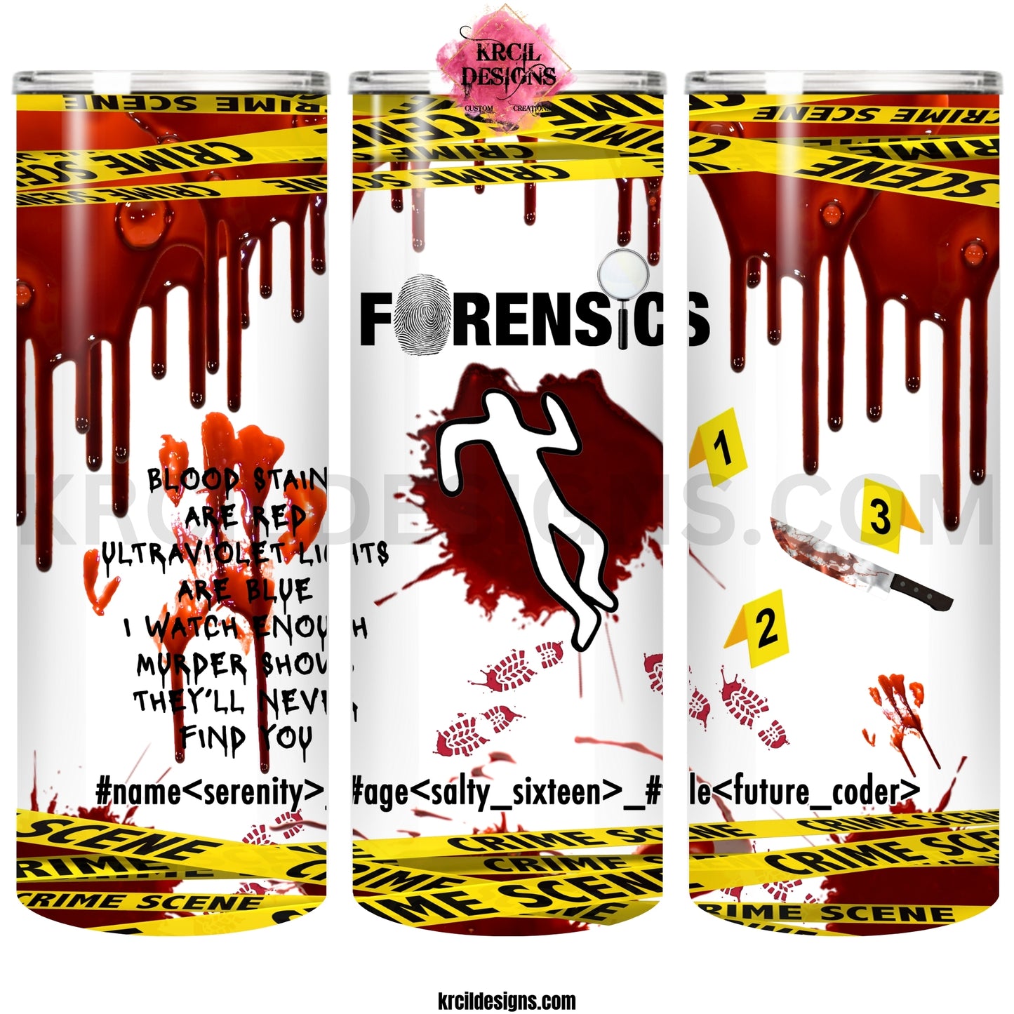 True Crime Forensics White Glitter Personalized Tumbler by Krcil Designs | Featuring a real crime scene, tape, numbers, blood splatter | Let our custom tumblers do the talking with our collection of personalized tumblers. Personalize It - add name, monogram, picture collage photo tumbler - the picture-perfect present! For the ultimate gift, add a t-shirt, or accessorize with a custom tote bag. Insulated stainless steel tumblers include a plastic slide top lid and metal or plastic straw. KrcilDesigns.com