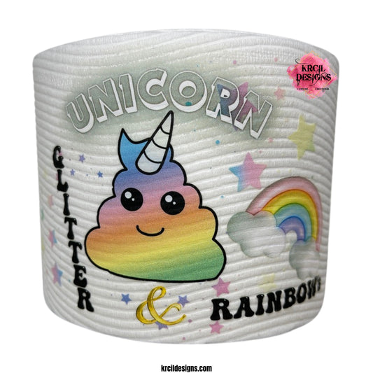 Funny Novelty Toilet Paper Roll Gag Gift | Unicorn Poop Emoji "UNICORN POOP GLITTER & RAINBOWS" | Custom Toilet Paper by Krcil Designs | Need a funny gift? These funny toilet paper rolls are the ultimate gift for those who love pranks. Personalized toilet paper roll, add face of the jokester in your family, add saying, and you have the cheapest custom gift you can find. Need a gift card holder? Insert cash or gift card into the middle. Design Your Own at KrcilDesigns.com