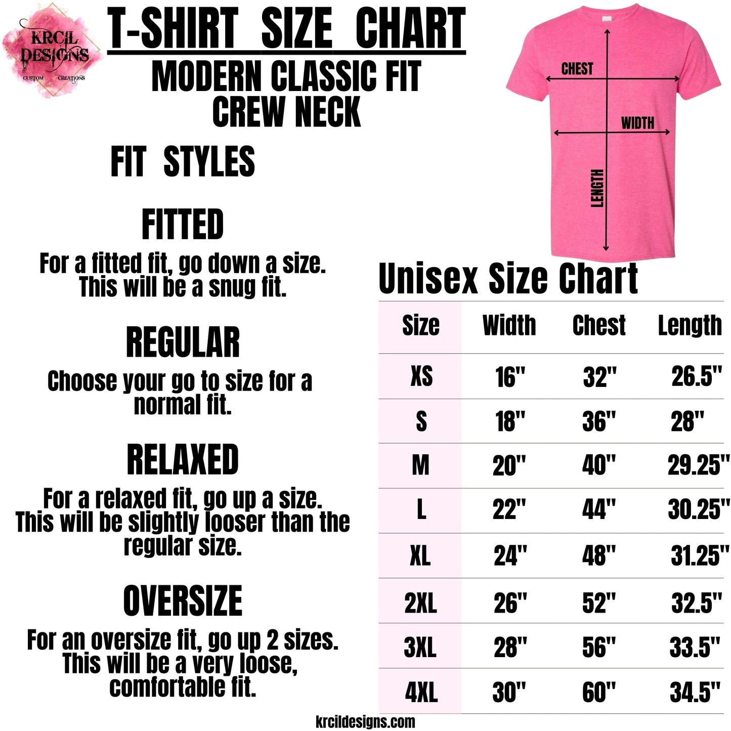 Unisex T-Shirts Size Chart | Our unisex t-shirts are soft, cozy, made of a cotton/poly blend, and we offer a wide selection of colors and styles. | Design Your Own Tees with Krcil Designs! | Custom T-Shirts—Personalized T-Shirts—Photo T-Shirts—Pet T-Shirts—Christmas Tees—Halloween Shirts—Easter Shirts—St. Patrick's Day Shirts—Valentines Day Shirts—Business Logo Shirts | Give the ultimate gift, add a cup, accessorize with a tote bag! Shop Graphic Tees T-Shirts at KrcilDesigns.com