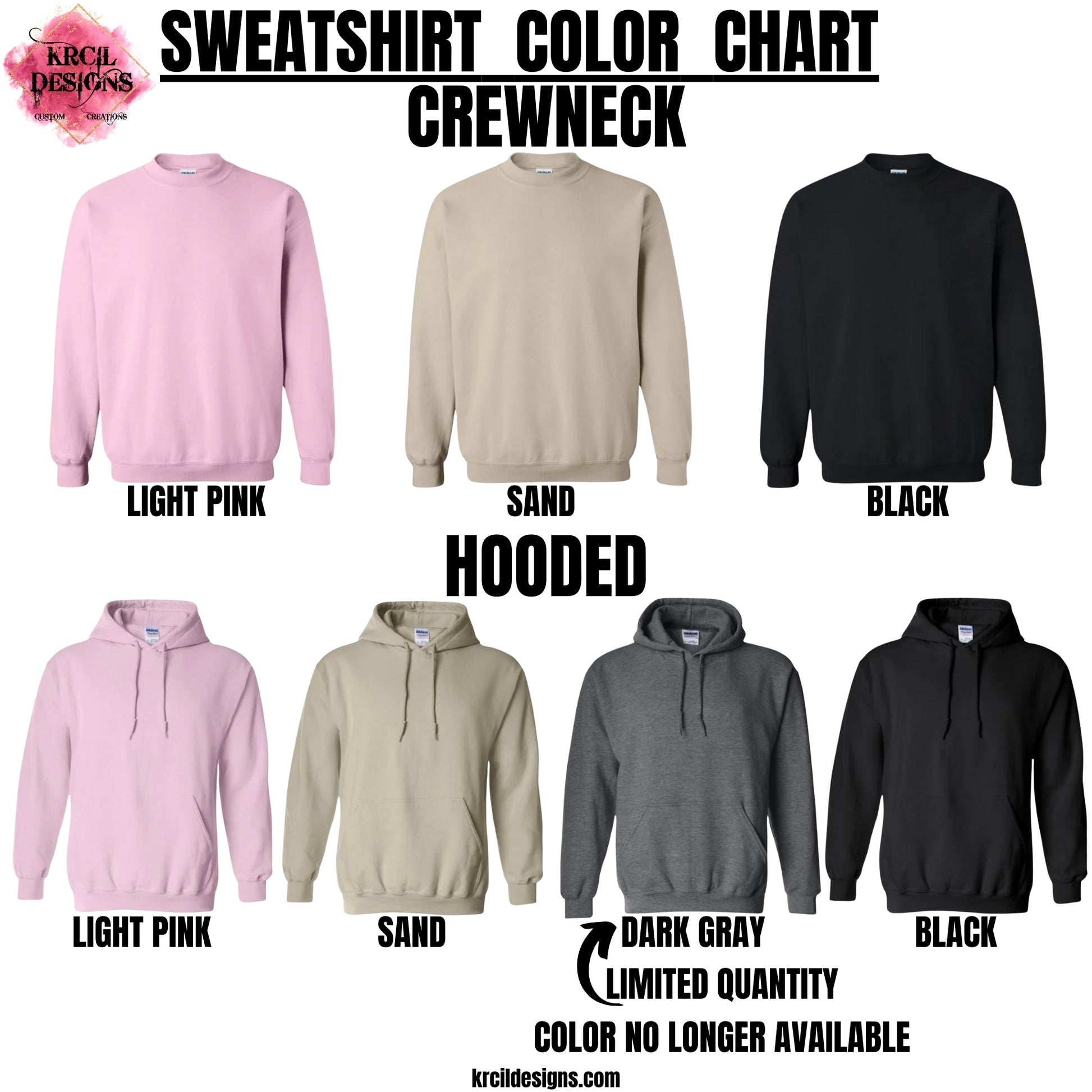 Unisex Sweatshirt Color Chart | Crewneck & Hooded | Design Your Own Custom Sweatshirt with Krcil Designs! | Personalized sweatshirt, picture sweatshirt, photo sweatshirt, sarcastic, funny, matching family Christmas sweatshirt, birthday sweatshirt, logo sweatshirts, logo hoodies. Shop Sweatshirts at KrcilDesigns.com