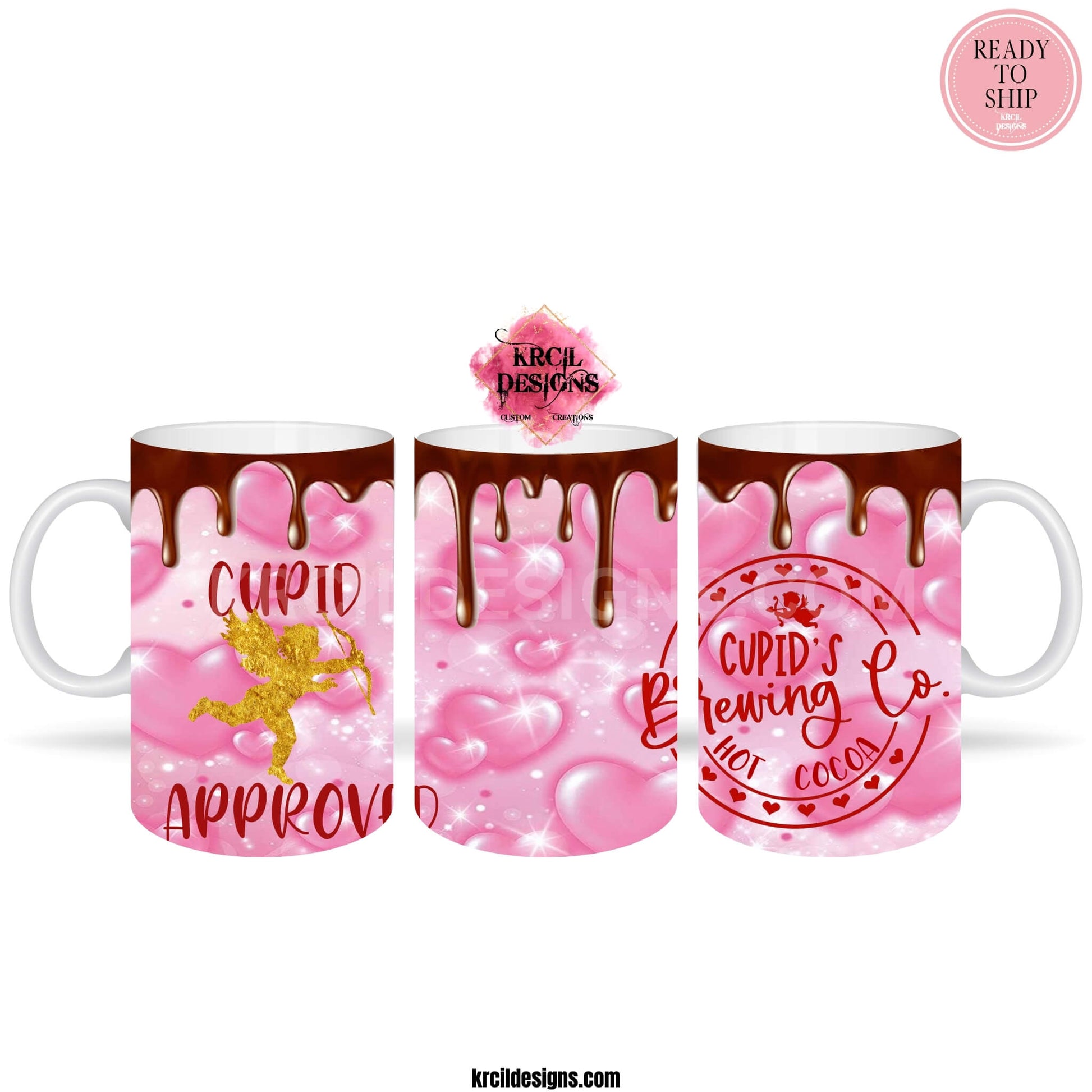 Valentines Coffee Mugs by Krcil Designs | A white ceramic mug and a graphic design that wraps around the mug. Hot cocoa drips from top onto a bubbly pink hearts background, faux glitter cupid and his arrow. Dark pink text that reads: Cupid Approved Hot Cocoa. | Shop Valentines Mugs at KrcilDesigns.com