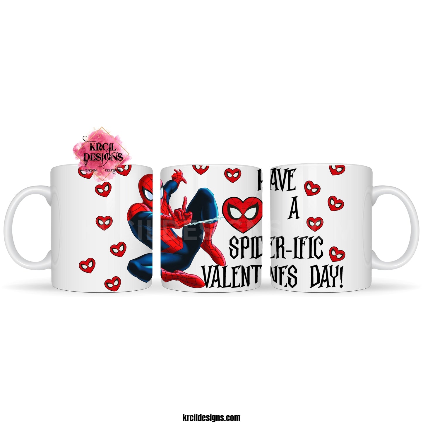 Valentines Gifts | Spider-Man Valentines Coffee Cup "Have A SPIDER-IFIC VALENTINES DAY!" Spider-Man Valentines Mug by Krcil Designs | Swing into the season of love with our Spider-Man Valentine's Mug! Featuring Spider-Man and adorned with heart-shaped Spider-Man's faces, this cute mug brings superhero charm to your romantic celebrations. Give the Valentine's gift that's Spider-Tastic! KrcilDesigns.com