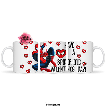 Valentines Gifts | Spider-Man Valentines Coffee Cup "Have A SPIDER-IFIC VALENTINES DAY!" Spider-Man Valentines Mug by Krcil Designs | Swing into the season of love with our Spider-Man Valentine's Mug! Featuring Spider-Man and adorned with heart-shaped Spider-Man's faces, this cute mug brings superhero charm to your romantic celebrations. Give the Valentine's gift that's Spider-Tastic! KrcilDesigns.com