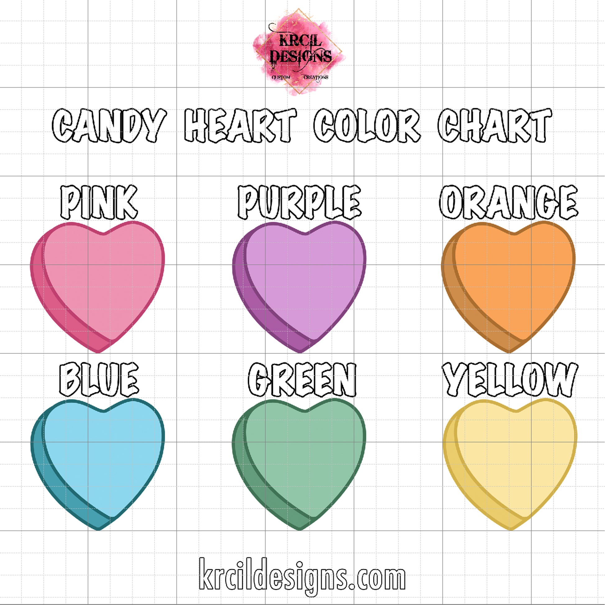 Valentine's Day Candy Hearts Color Chart | Grandma's Little Sweethearts Candy Hearts T-Shirt | Personalized Valentine's T-Shirt | Custom T-Shirt by Krcil Designs | Bring a touch of sweetness to the whole family this Valentine's Day with our whimsical Valentines T-Shirts, featuring grandkids names! Perfect for Dad, Mom, Grandpa, Grandma, MiMi, Nana, Papa! Great family gift idea for Valentine's Day! Design Your Own at KrcilDesigns.com