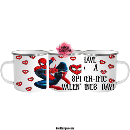 Valentines Gifts | Spider-Man Valentines Mug "Have A SPIDER-IFIC VALENTINES DAY!" Spider-Man Coffee Cup by Krcil Designs | Swing into the season of love with our Spider-Man Valentine's Mug! Featuring Spider-Man and adorned with heart-shaped Spider-Man's faces, this cute mug brings superhero charm to your romantic celebrations. Give the Valentine's gift that's Spider-Tastic! KrcilDesigns.com