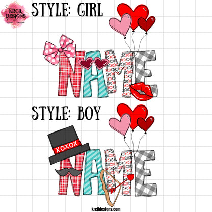 Valentines Name Styles for Your Name by Krcil Designs | Make a fashion statement with our custom designs. Featuring Valentine-themed letters, where playful letters are topped with a pink/black top hat, pink and white polka dot bow, a mustache, pink heart sunglasses, red lips, cupid's bow and arrow, pink and red heart balloons. Our Valentines mugs and Valentines treat bags are the perfect Valentines candy bags for Valentines gifts for class! Shop Valentines Gifts at KrcilDesigns.com