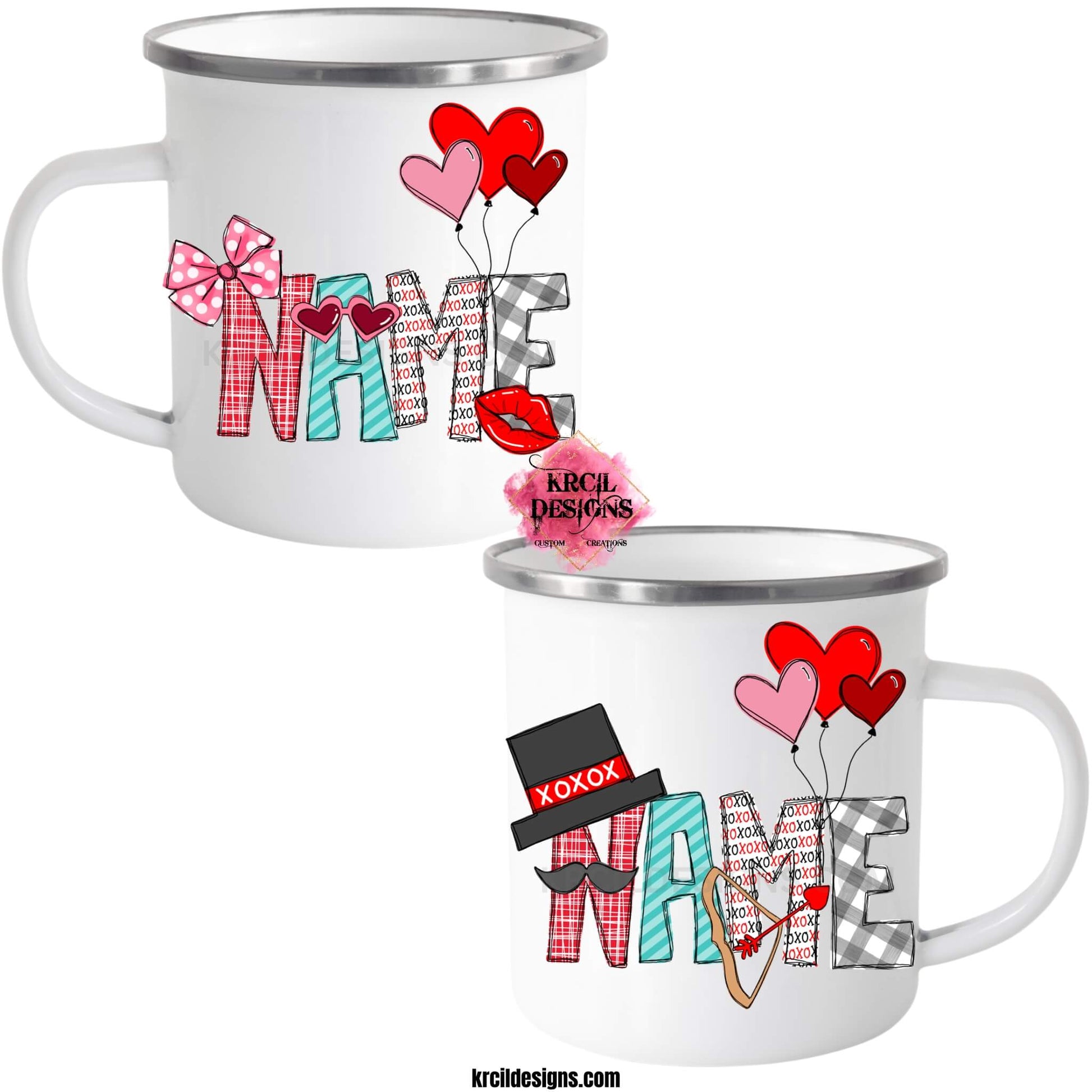 Valentines Personalized Coffee Mugs by Krcil Designs | Your Name: BOY style, where playful letters don a black top hat, a mustache, Cupid's bow and arrow, and heart balloons in red and pink. Add red lips or gray and black sunglasses. GIRL style, where playful letters don a pink and white polka dot bow, pink heart sunglasses, red lips, heart balloons in red and pink. Add a pink top hat or Cupid's bow and arrow. | Shop Valentines Mugs at KrcilDesigns.com