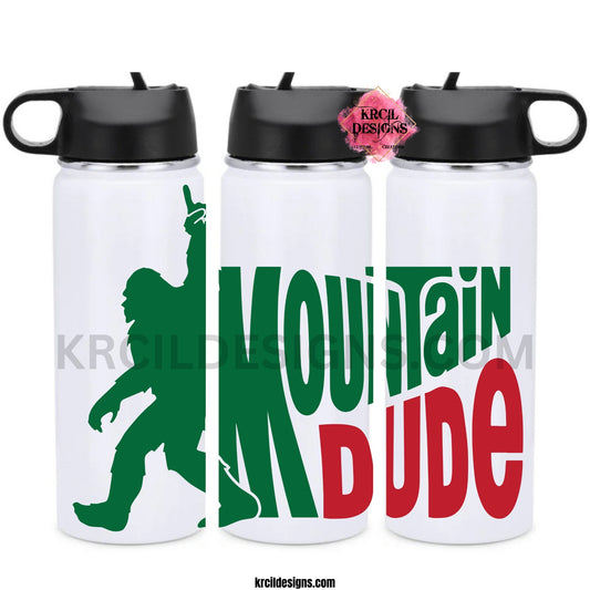 Sasquatch Rock-on Mountain Dude Bigfoot Water Bottle by Krcil Designs | Our hydro water bottle is so durable, it could survive an encounter with Bigfoot himself (well, probably). This custom water bottle features Bigfoot himself, and Sasquatch is throwing up the Rock-On Sign walking away from the quote, "MOUNTAIN DUDE"! Keep the Bigfoot Legend Alive! Sasquatch: The Legend of Bigfoot! Add a personal touch, add name, for a one-of-a-kind personalized water bottle. Shop Bigfoot Gifts at KrcilDesigns.com