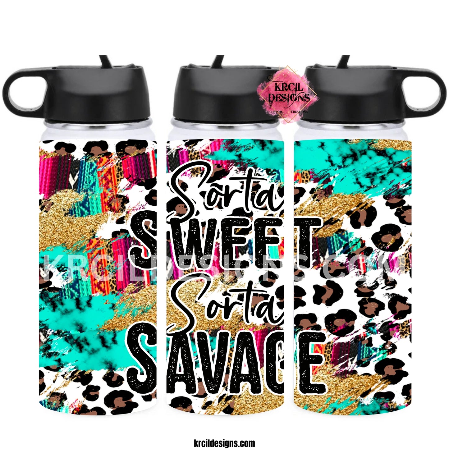 Sorta Sweet Sorta Savage Cheetah Print Water Bottle by Krcil Designs | Rise and Shine—Cheetah Print Lovers! Features a funny quote that's sure to perk up your day and start it with a smile! This custom water bottle features a bold and fierce cheetah print with a hint of country, it's bright and cheery—and it's perfect for all you wild cheetah print lovers out there! Give it a personal touch, add name, make it a one-of-a-kind personalized water bottle. Shop Cheetah Print Gifts at KrcilDesigns.com