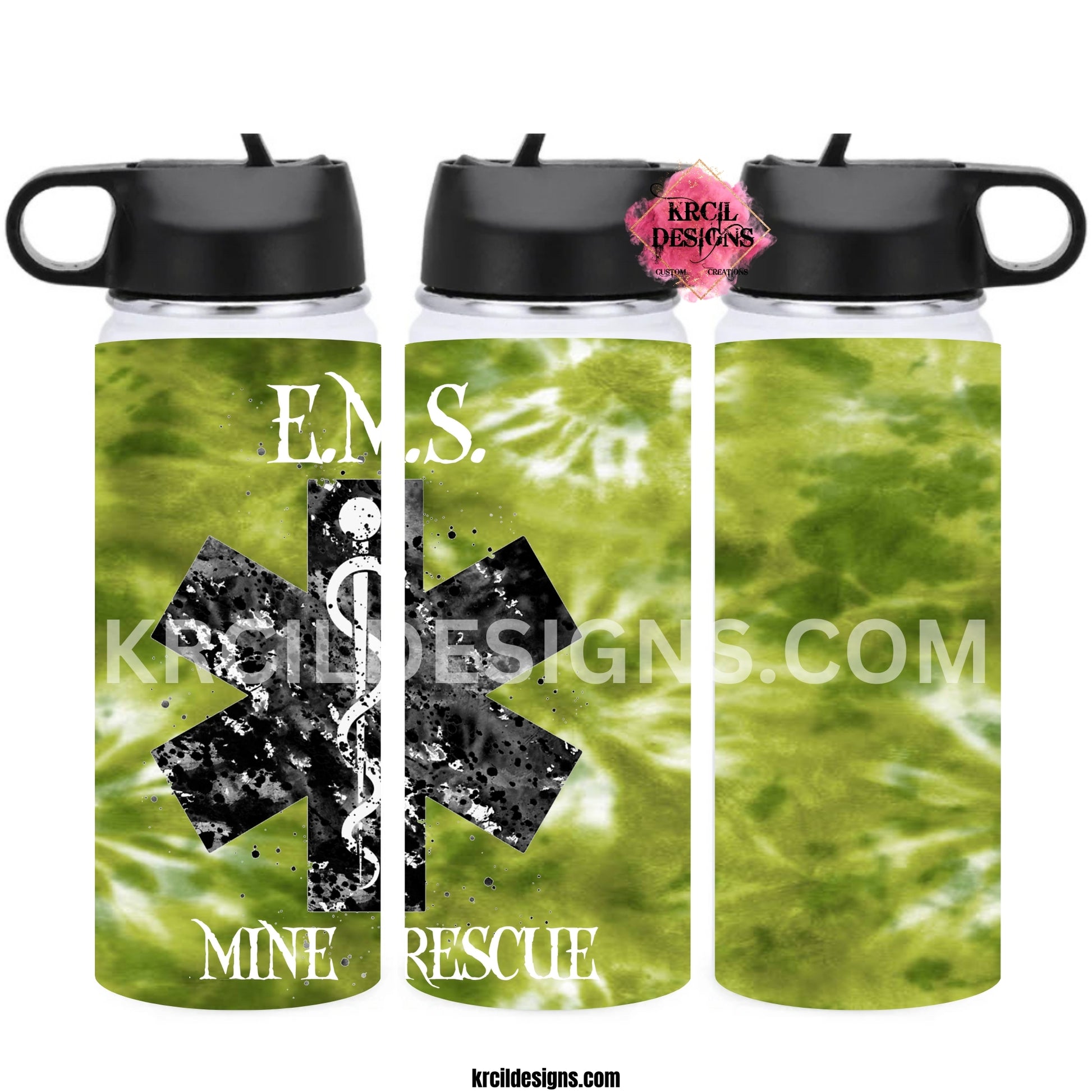 EMS Mine Rescue Water Bottle by Krcil Designs | Whether you're striking gold or mining coal, this mine rescue water bottle is the ultimate sidekick, above ground or down below. Meet the hydro water bottle as tough as a 10-ton boulder, keeping you hydrated whether you're a gold miner or coal miner. This custom water bottle features the Star of Life symbol in black and white against a backdrop of bright greens. The perfect gifts for miners! Shop Miners Gifts at KrcilDesigns.com