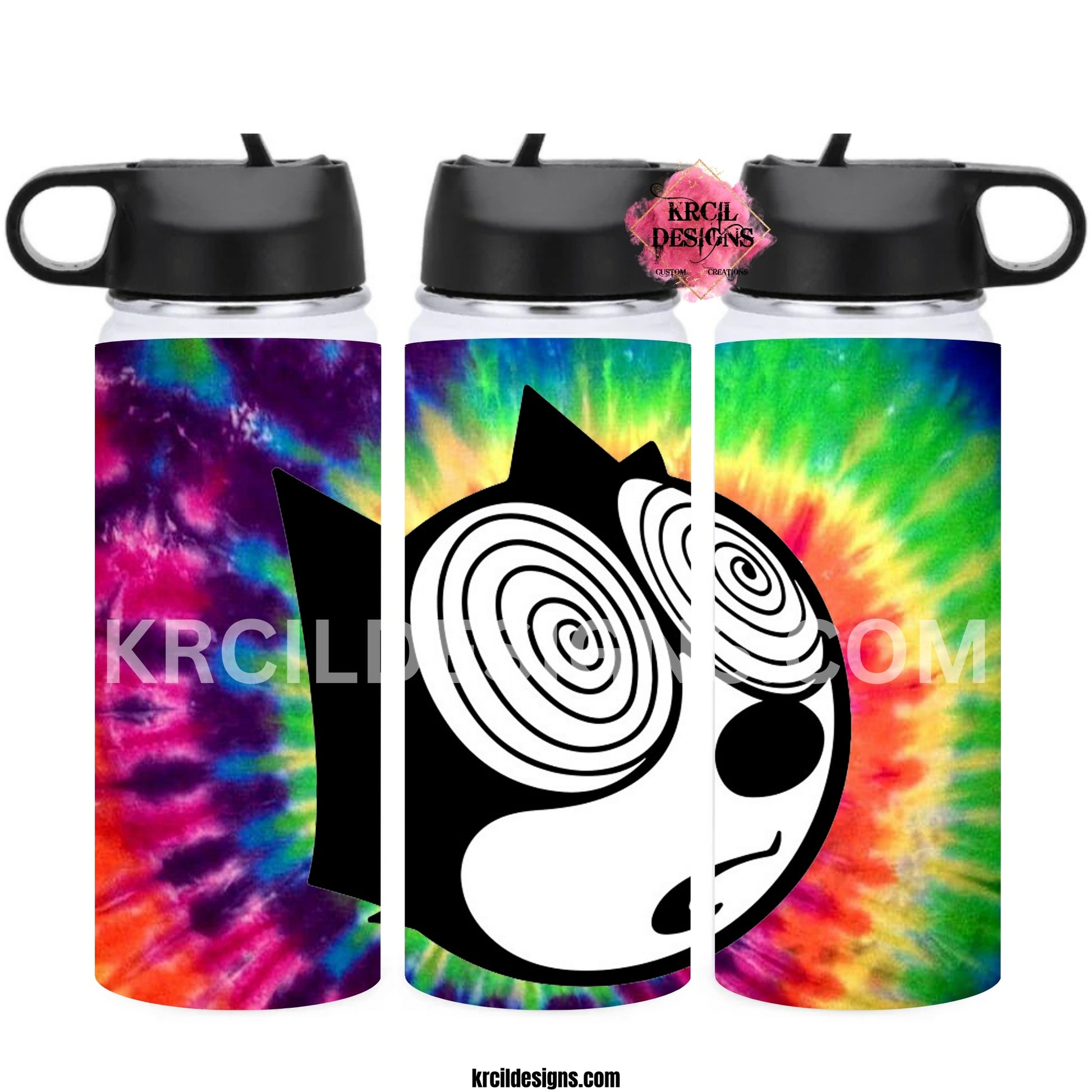 Felix the Cat Personalized Water Bottle by Krcil Designs | Felix the Cat is in a frenzy, one with trippy eyes, groovy peepers, an awesome tie-dyed pattern that's totally his attitude! | Let our custom water bottles do the talking with our collection of personalized water bottles. Personalize It - add name, monogram. For the ultimate gift, add a t-shirt, or accessorize with a custom tote bag. Insulated stainless steel water bottles include 2 lids-wide mouth/flip top straw. KrcilDesigns.com