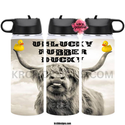 Unlucky Rubber Ducky Highland Cow Water Bottle by Krcil Designs | This custom water bottle features a highland cow, with a fluffy coat, its massive horns, and a rubber duck on each horn; you'll be laughing until the cows come home! Especially with the funny quote, "Unlucky Rubber Ducky"! This hydro water bottle is the ultimate in Highland Cow Gifts! Add a personal touch, add name, your favorite highland cow quote, for a one-of-a-kind personalized water bottle. Shop Highland Cow Gifts at KrcilDesigns.com