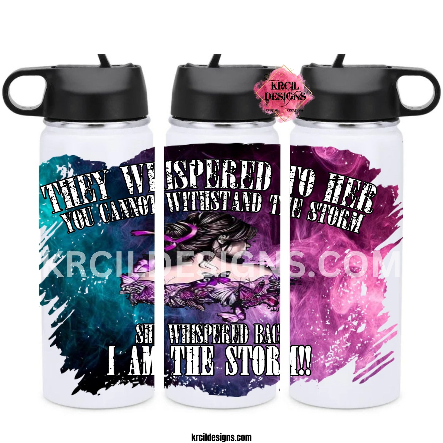 Butterfly Girl I Am The Storm Quote Water Bottle by Krcil Designs | Hydrate with courage and strength with our Quote Water Bottle! This custom water bottle features a colorful backdrop, a beautiful butterfly girl, and the I Am The Storm Quote. This hydro water bottle is the ultimate motivational gift for those who love the I Am The Storm Quote! Add a personal touch, add name, your favorite quote, for a one-of-a-kind personalized water bottle. Shop Inspirational Gifts at KrcilDesigns.com