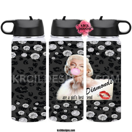 Diamonds Are A Girl's Best Friend -Marilyn Monroe Water Bottle by Krcil Designs | Shine Bright Like A Diamond with our Marilyn Monroe Water Bottle—made for Marilyn Monroe Lovers! This hydro water bottle has the Diamonds Quote. This custom water bottle has a black cheetah print backdrop, wrapped in diamonds, features Marilyn and her signature lips! Add a personal touch, add name, your favorite Marilyn Monroe quote, for a one-of-a-kind personalized water bottle. Shop Marilyn Monroe Gifts at KrcilDesigns.com