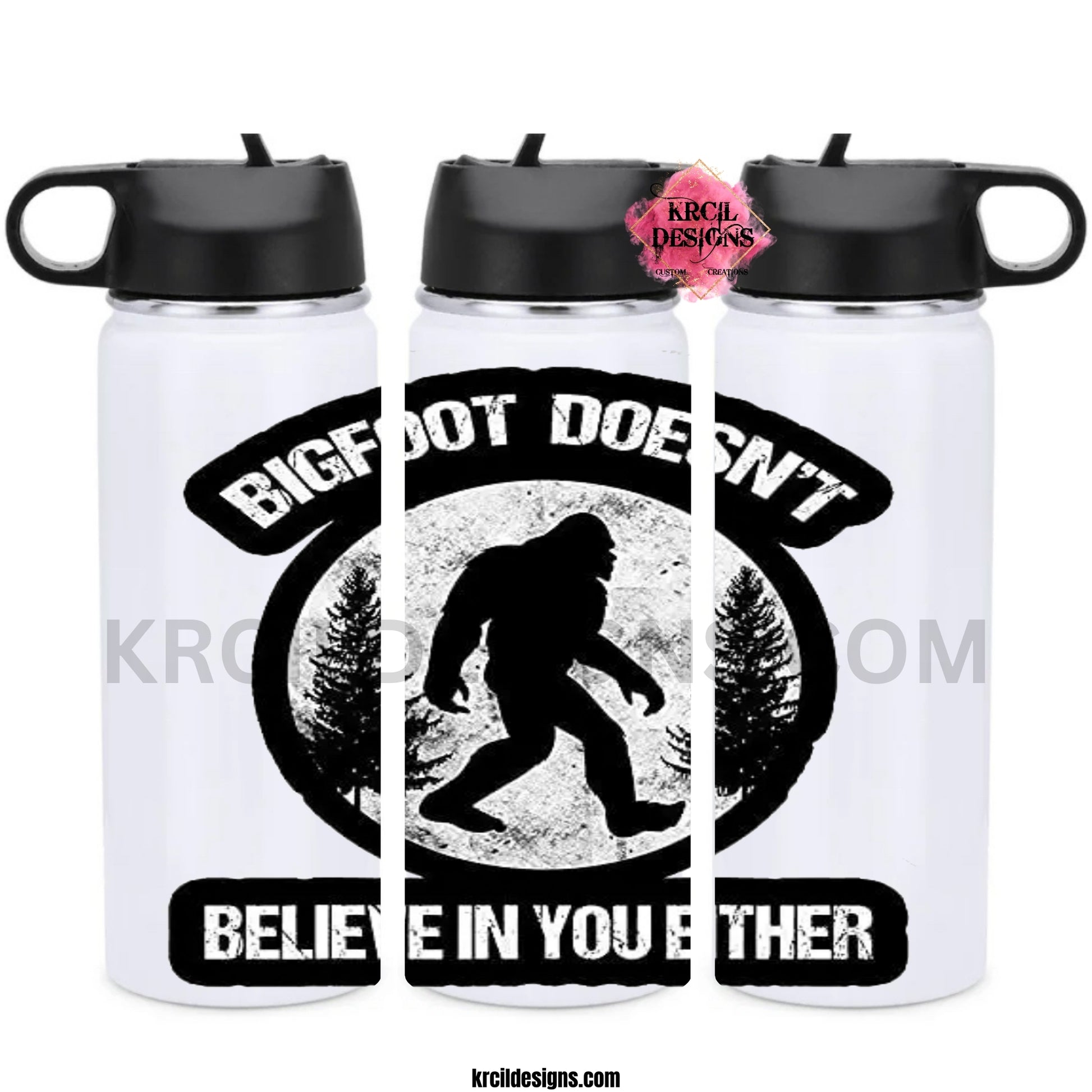 Bigfoot Doesn't Believe In You Either Sasquatch Water Bottle by Krcil Designs | Our hydro water bottle is so durable, it could survive Bigfoot(well, probably). This custom water bottle features Bigfoot, and Sasquatch walking through the woods, black and white design, and the funny quote, "BIGFOOT DOESN'T BELIEVE IN YOU EITHER"! Keep the Bigfoot Legend Alive! Sasquatch: The Legend of Bigfoot! Add a personal touch, add name, for a one-of-a-kind personalized water bottle. Shop Bigfoot Gifts at KrcilDesigns.com