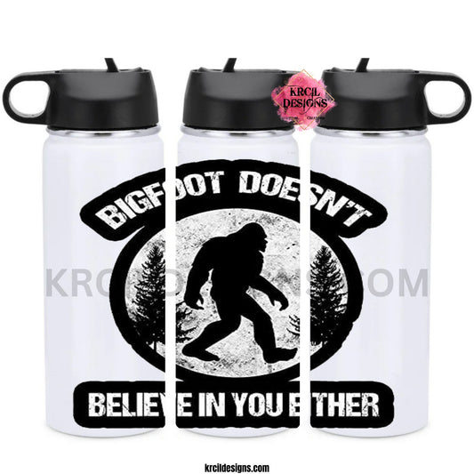 Bigfoot Doesn't Believe In You Either Sasquatch Water Bottle by Krcil Designs | Our hydro water bottle is so durable, it could survive Bigfoot(well, probably). This custom water bottle features Bigfoot, and Sasquatch walking through the woods, black and white design, and the funny quote, "BIGFOOT DOESN'T BELIEVE IN YOU EITHER"! Keep the Bigfoot Legend Alive! Sasquatch: The Legend of Bigfoot! Add a personal touch, add name, for a one-of-a-kind personalized water bottle. Shop Bigfoot Gifts at KrcilDesigns.com