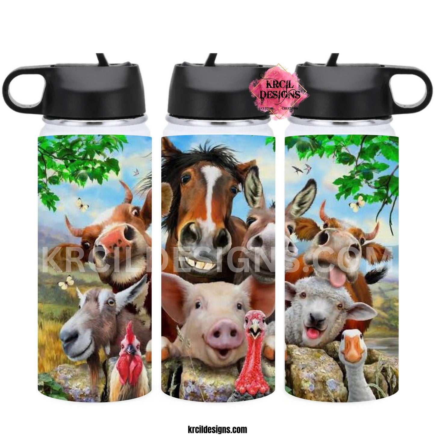 Silly Farm Animals Personalized Water Bottle by Krcil Designs | Our farm animal water bottle is the ultimate in hilarious hydration. Featuring the grinning faces of all your favorite barnyard pals! | Let our custom water bottles do the talking with our collection of personalized water bottles. Personalize It - add name, monogram. For the ultimate gift, add a t-shirt, or accessorize with a custom tote bag. Insulated stainless steel water bottles include 2 lids-wide mouth/flip top straw. KrcilDesigns.com