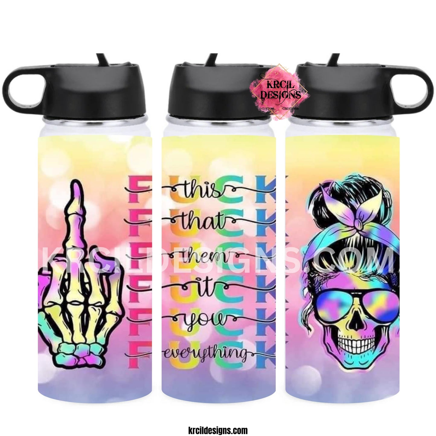 F This F That Skull Water Bottle by Krcil Designs | Our edgy custom water bottle featuring a badass skull wearing shades, rocking a messy bun, a rebellious skeleton hand giving the middle finger, an ombre pastel color backdrop. This hydro water bottle is made for the skull lover in your life! Add a personal touch, add name, your favorite skull quotes, for a one-of-a-kind personalized water bottle. Shop Skull Gifts at KrcilDesigns.com