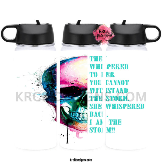 I Am The Storm Quote Skull Water Bottle by Krcil Designs | Hydrate with courage and strength with our Skull Water Bottle! This custom water bottle features a colorful watercolor skull and the I Am The Storm Quote. This hydro water bottle is the ultimate in skull gifts for the skull lover in your life! Add a personal touch, add name, your favorite skull quotes, for a one-of-a-kind personalized water bottle. Shop Skull Gifts at KrcilDesigns.com