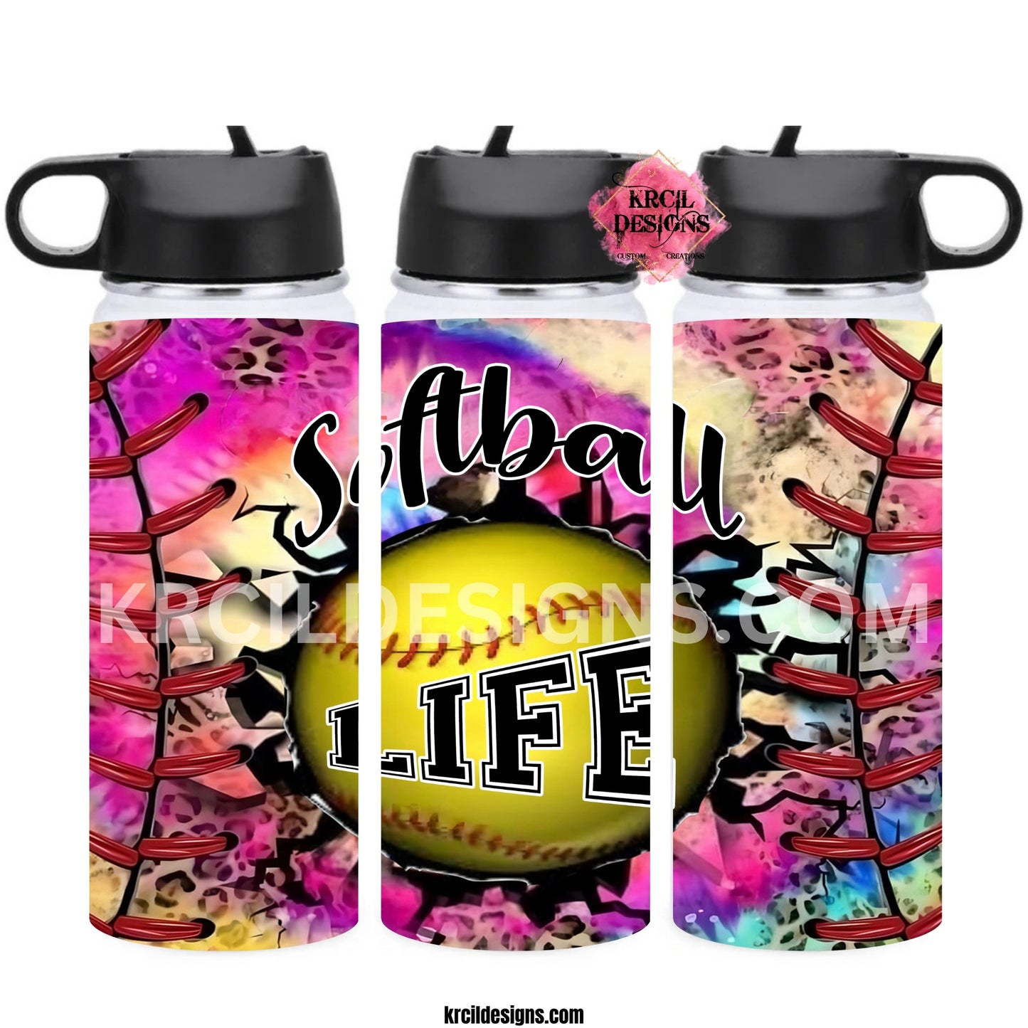 "Softball Life" Water Bottle by Krcil Designs | Softball Superstars? Say hello to the MVP of hydration gear! Tie-dye, cheetah print, and it's ready to bring your fashionista side to every game. | Let our custom water bottles do the talking with our collection of personalized water bottles. Personalize It - add name, monogram. For the ultimate gift, add a t-shirt, or accessorize with a custom tote bag. Insulated stainless steel water bottles include 2 lids-wide mouth/flip top straw. KrcilDesigns.com