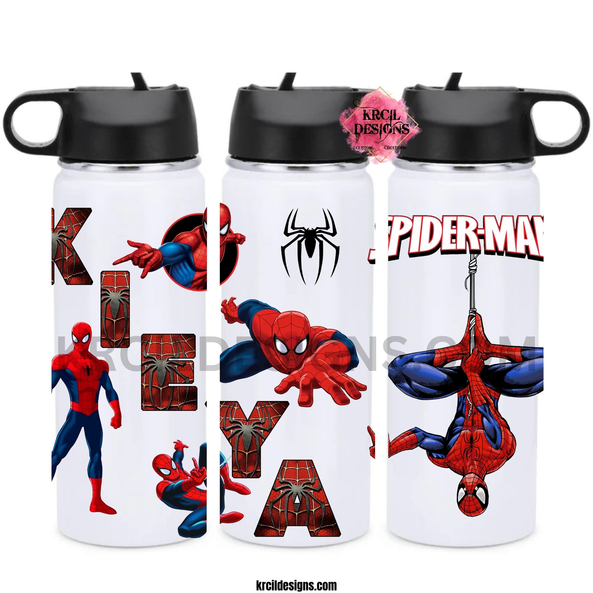 Spider-Man Personalized Water Bottle by Krcil Designs | Spider-Man fans, are you ready to "web" your thirst? We're here to save the day! Swing into hydration with your friendly neighborhood hero. | Let our custom water bottles do the talking with our collection of personalized water bottles. Personalize It - add name, monogram. For the ultimate gift, add a t-shirt, or accessorize with a custom tote bag. Insulated stainless steel water bottles include 2 lids-wide mouth/flip top straw. KrcilDesigns.com