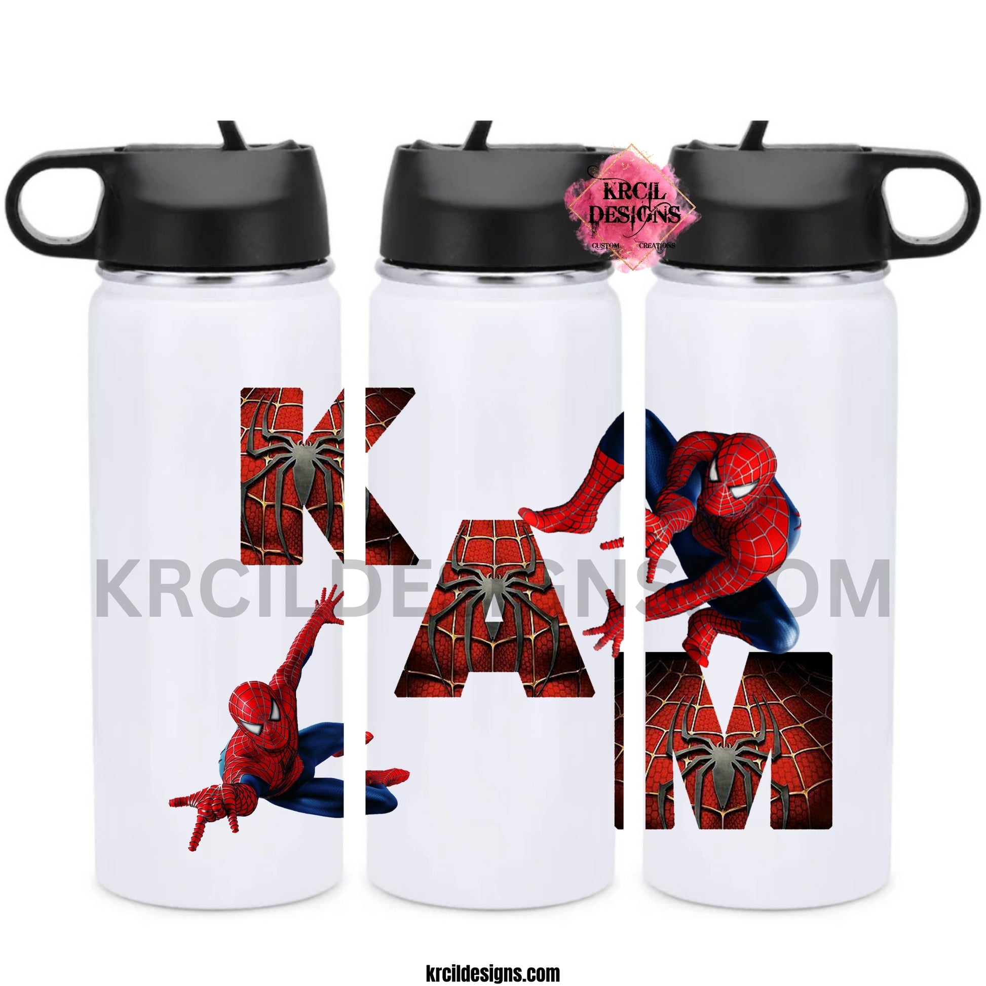 Spider-Man Personalized Water Bottle by Krcil Designs | Spider-Man fans, are you ready to "web" your thirst? We're here to save the day! Swing into hydration with your friendly neighborhood hero. | Let our custom water bottles do the talking with our collection of personalized water bottles. Personalize It - add name, monogram. For the ultimate gift, add a t-shirt, or accessorize with a custom tote bag. Insulated stainless steel water bottles include 2 lids-wide mouth/flip top straw. KrcilDesigns.com