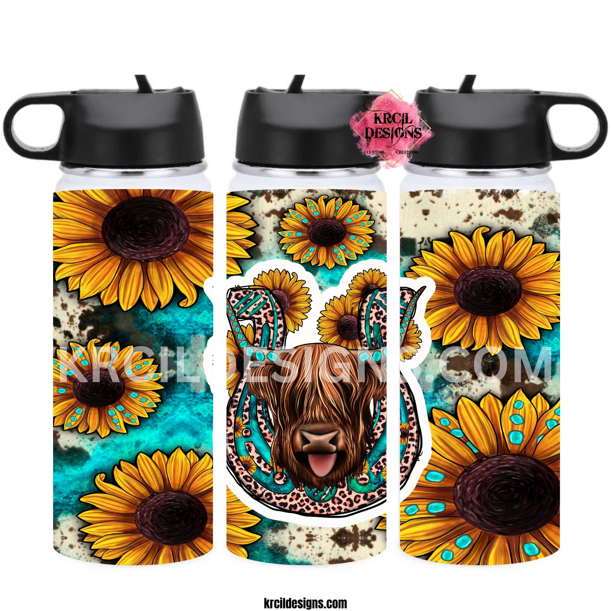 Cowhide Print, Horseshoe, Highland Cow, Sunflower Water Bottle by Krcil Designs | This custom water bottle has a highland cow nestled in a cheetah print horseshoe, sunflowers, turquoise, and cowhide print as the backdrop! We're not trying to butter you up, but it's the cream of the crop! This hydro water bottle is the ultimate in Highland Cow Gifts! Add a personal touch, add name, your favorite highland cow quote, for a one-of-a-kind personalized water bottle. Shop Highland Cow Gifts at KrcilDesigns.com