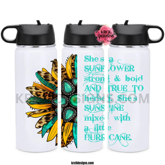 Sunflower Quote Turquoise Gemstones Sunflower Water Bottle by Krcil Designs | A stunning bright vibrant sunflower water bottle with a sunflower quote. This custom water bottle features a sunflower with cheetah print, turquoise gemstones in center, with turquoise and yellow petals. This hydro water bottle is the ultimate in sunflower gifts for all sunflower lovers! Add a personal touch, add name, or sunflower quote, for a one-of-a-kind personalized water bottle. Shop Sunflower Gifts at KrcilDesigns.com