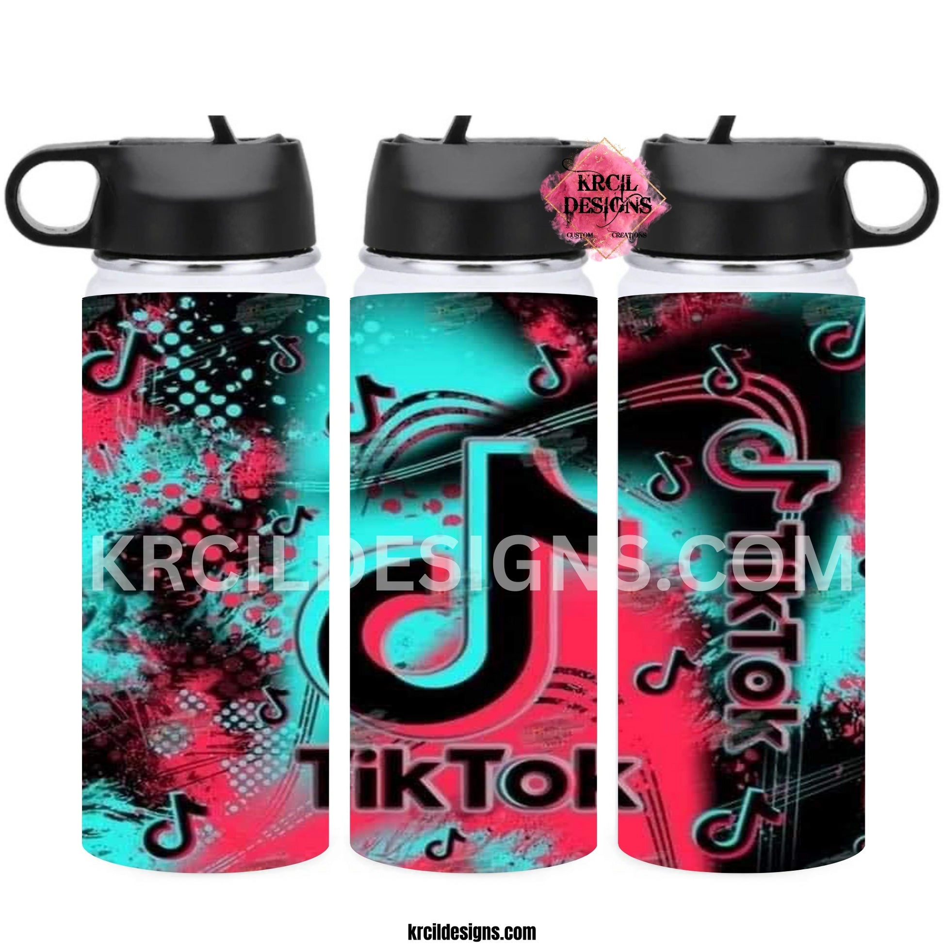 TikTok Water Bottle by Krcil Designs | Get ready for the new TikTok trend! Meet our TikTok water bottle! This hydro water bottle is perfect for a TikTok star! This custom water bottle features a bold vibrant backdrop in TikTok colors and wrapped with the TikTok logo. Add a personal touch, add name, your favorite quote, for a one-of-a-kind personalized water bottle. Hydrate in style with our stainless steel water bottle—perfect for on-the-go hydration! H2O To Go! Shop TikTok Gifts at KrcilDesigns.com