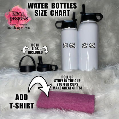 Water Bottles Size Chart | Design Your Own Water Bottles with Krcil Designs! Turn your favorite memories into stunning custom water bottles. From a single photo to a picture collage. Pet Parent—Get your fur friends in on the action! Showcase your pet's pics! Add a personal touch, add name, photos, your favorite quote, for a one-of-a-kind personalized water bottle. Hydrate in style with our stainless steel water bottle—perfect for on-the-go hydration! H2O To Go! Shop Personalized Gifts at KrcilDesigns.com