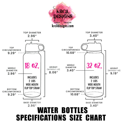 Water Bottle Specifications | Design Your Own Water Bottles with Krcil Designs! Turn your favorite memories into stunning custom water bottles. From a single photo to a picture collage. Pet Parent—Get your fur friends in on the action! Showcase your pet's pics! Add a personal touch, add name, photos, your favorite quote, for a one-of-a-kind personalized water bottle. Hydrate in style with our stainless steel water bottle—perfect for on-the-go hydration! H2O To Go! Shop Personalized Gifts at KrcilDesigns.com