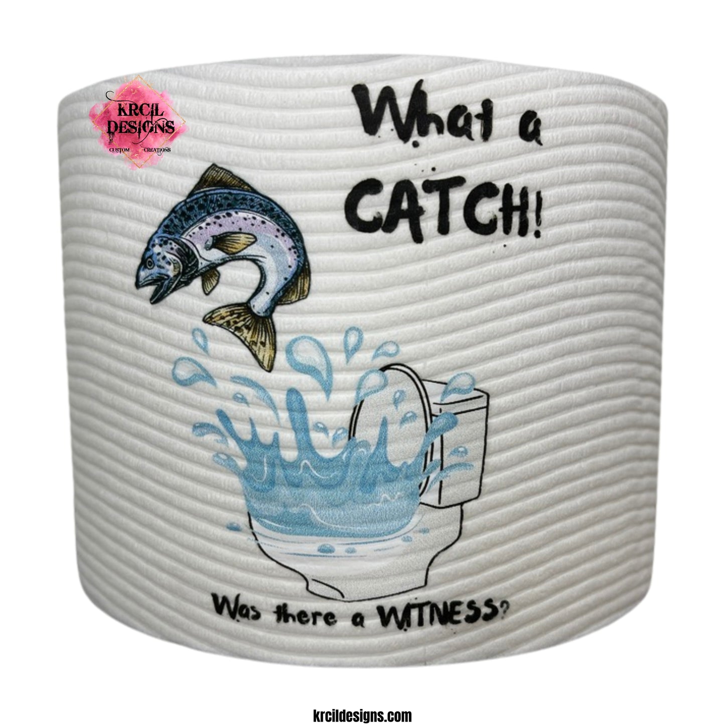 "What a CATCH! Was there a WITNESS?" Fishing Funny Novelty Toilet Paper Roll Gag Gift for Fisherman | Custom Toilet Paper by Krcil Designs | Need a funny gift? These funny toilet paper rolls are the ultimate gift for those who love pranks. Personalized toilet paper roll, add face of the jokester in your family, add saying, and you have the cheapest custom gift you can find. Need a gift card holder? Insert cash or gift card into the middle. Design Your Own at KrcilDesigns.com