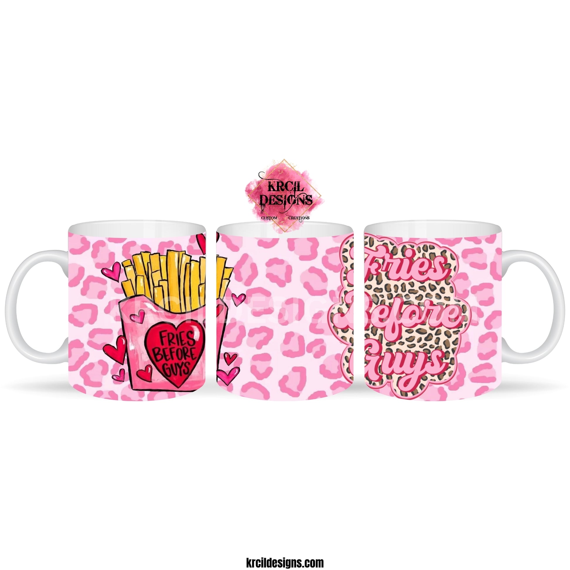 Valentines Gifts | Valentines Mug "Fries Before Guys" Valentines Coffee Cup by Krcil Designs | Fries, fries, they're our true loves! This Valentine's Day, forget about those guys and go for the real catch - fries! It's not just a coffee cup, it's a pink cheetah background and fries on the front, it's a declaration of your undying love for crispy, salty goodness. It's the perfect gift for fry fanatics or for sipping on solo. Give a Valentine's gift that's Fry-Tastic! KrcilDesigns.com