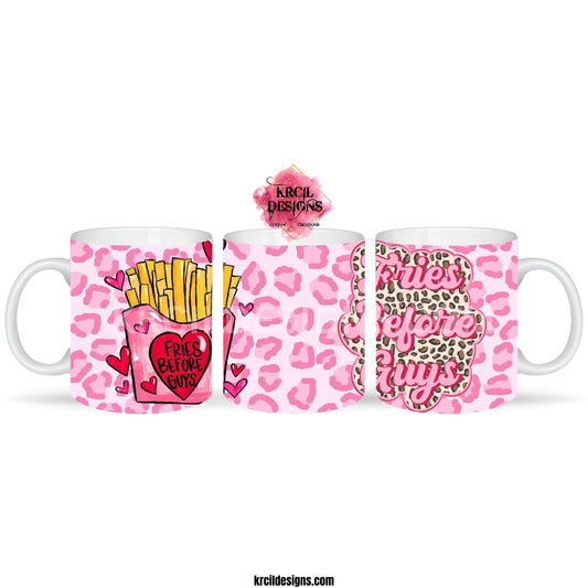 Valentines Gifts | Valentines Mug "Fries Before Guys" Valentines Coffee Cup by Krcil Designs | Fries, fries, they're our true loves! This Valentine's Day, forget about those guys and go for the real catch - fries! It's not just a coffee cup, it's a pink cheetah background and fries on the front, it's a declaration of your undying love for crispy, salty goodness. It's the perfect gift for fry fanatics or for sipping on solo. Give a Valentine's gift that's Fry-Tastic! KrcilDesigns.com