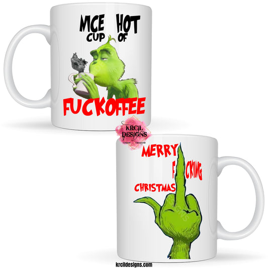 Grinch Mug "Nice Hot Cup of FUCKOFFEE Merry F'ing Christmas" Coffee Cup by Krcil Designs | Get into the Grinchy spirit with our mischievous Grinch Mug. He's got a special message for the holiday season! | Let our custom coffee cups do the talking with our collection of personalized coffee cups. Personalize It - add name. Add our dish cloth and tea towel set, perfectly paired with our cups and mugs. For the ultimate coffee lovers gift, explore our sets and bundles. KrcilDesigns.com