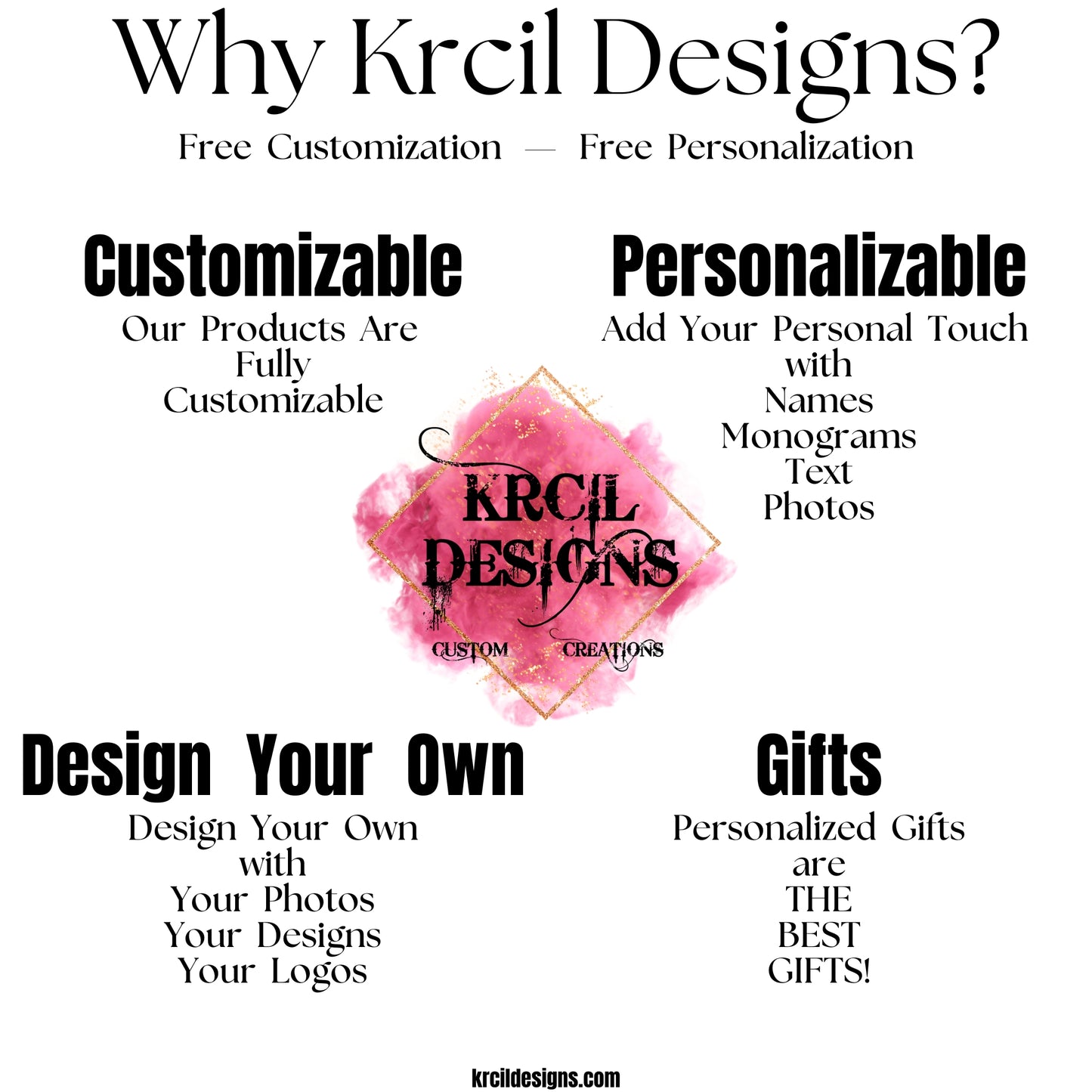 Why Krcil Designs? Free Customization — Free Personalization | Personalize It — Design Your Own Custom Personalized Gifts | All our products are fully customizable — design your own with your designs and your logos. Add your personal touch with names, monograms, text, and your photos. Adding your logo and slogan makes our products the standout choice for promotional gifts. Our personalized products make the best gifts for any occasion, offering a thoughtful and stylish present. Shop KrcilDesigns.com