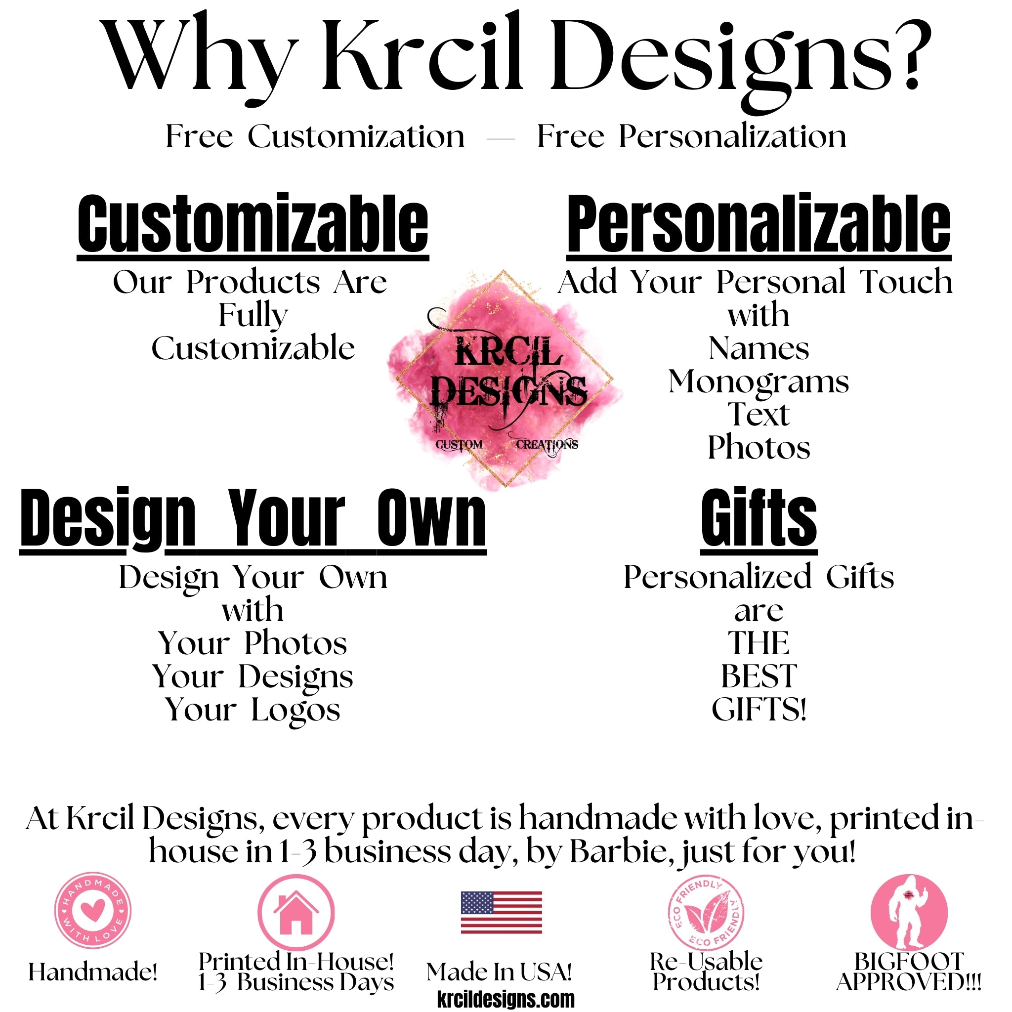 Why Krcil Designs? Free Customization — Free Personalization | Personalize It — Design Your Own Custom Personalized Gifts | All our products are fully customizable — design your own with your designs and your logos. Add your personal touch with names, monograms, text, and your photos. Adding your logo and slogan makes our products the standout choice for promotional gifts. Our personalized products make the best gifts for any occasion, offering a thoughtful and stylish present. Shop KrcilDesigns.com