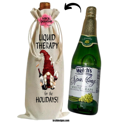 Gnome "LIQUID THERAPY for the HOLIDAYS" Wine Bag by Krcil Designs | Cheers to our Christmas Wine Bags, not just for wine, add your favorite bottle of liquor, or any festive bottle, and they become your ultimate holiday gift-giving solution! No need to fret about last-minute gifts; these bags have got you covered. Perfect gift for friends, neighbors, co-workers, and great business promotional products! Raise a toast to the season and say, "Merry Christmas!" KrcilDesigns.com