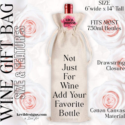 Custom Wine Tote Bag Size Chart and Features — 6x14 inch Personalized Cotton Canvas Wine Tote with Drawstring Closure — Fits 750ml Bottles and Our Skinny Tumblers — Krcil Designs Boutique, Gillette, WY