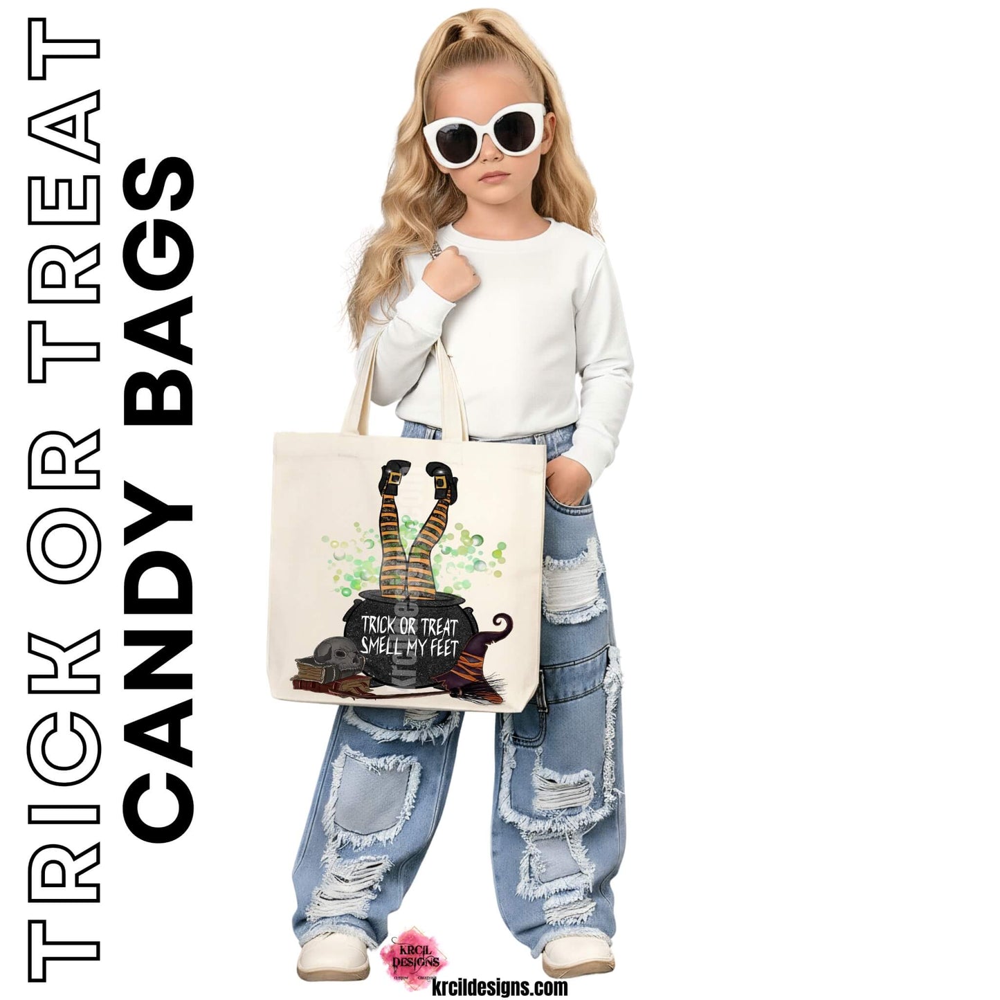 Witch Feet "Trick-or-Treat, Smell My Feet" Candy Bags Halloween Tote Bags by Krcil Designs | Get ready to be spellbound by our witch, round-toe square heel witch shoes paired with orange and black striped leggings that emerge from the bubbling cauldron, accompanied by a spell book, skull, witch's hat, and broomstick. Personalize It - add name, initials, monogram, or special message. Durable, Reusable, Washable. Give the ultimate gift, add a cup, or t-shirt! Shop Candy Bags at KrcilDesigns.com