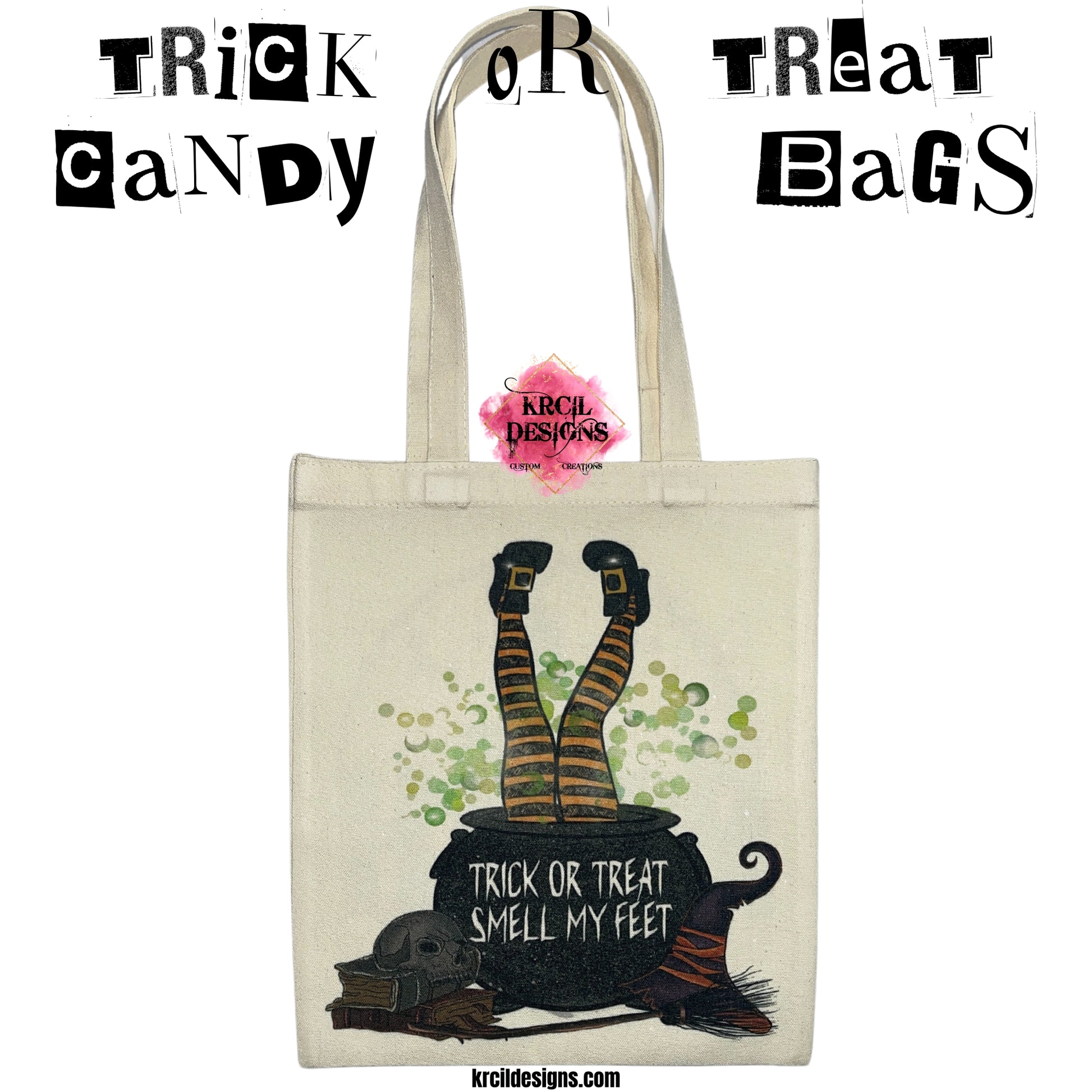 Witch "Trick-or-Treat, Smell My Feet" Halloween Candy Bag Tote Bag by Krcil Designs | Get ready to be spellbound by our witch, round-toe square heel witch shoes, elegantly paired with orange and black striped leggings that mysteriously emerge from the depths of the bubbling cauldron, accompanied by a spell book, skull, witch's hat, and broomstick. Personalize It - add name, initials, monogram, or special message. Durable, Reusable, Washable. Give the ultimate gift, add a cup, or t-shirt! KrcilDesigns.com