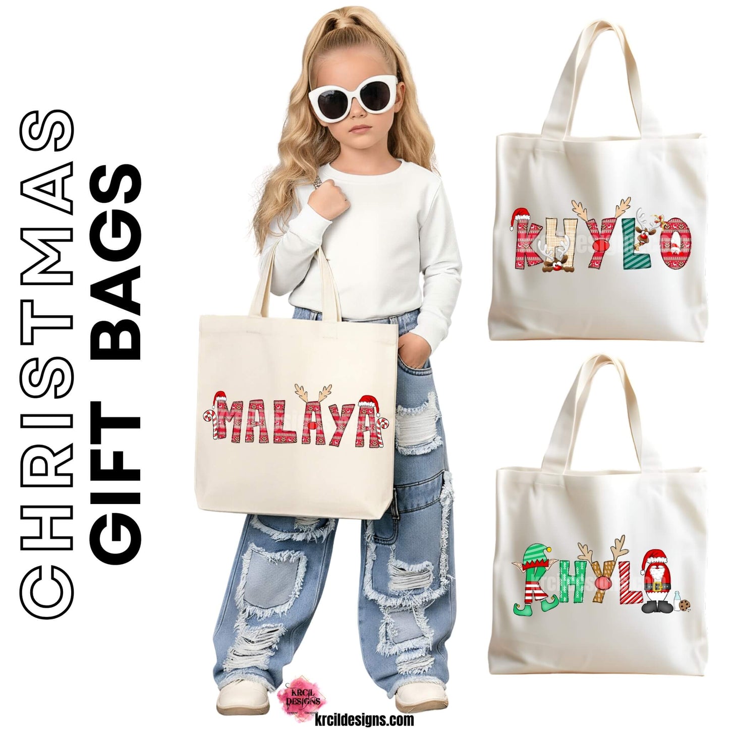 Christmas Personalized Tote Bags by KrcilDesigns.com | Graphic Design on a canvas tote bag, features your name, in name style options: Christmas, Ugly Sweater, Santa and Elf. The designs of the letters are different festive Christmas patterns. The playful letters adorned with Santa, His Elf, Rudolph's Red Nose, Reindeer Antlers, and even Santa's Milk and Cookies.