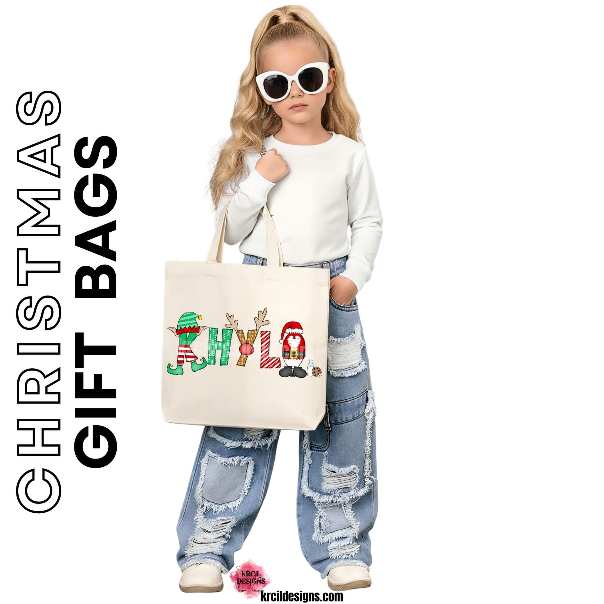 Christmas Personalized Tote Bags by KrcilDesigns.com | Graphic Design on a canvas tote bag, features your name,  in name style option: "Santa & Elf" where the designs of the letters are different festive Christmas patterns. The playful letters adorned with Santa, His Elf, Rudolph's Red Nose, Reindeer Antlers, and even Santa's Milk and Cookies.