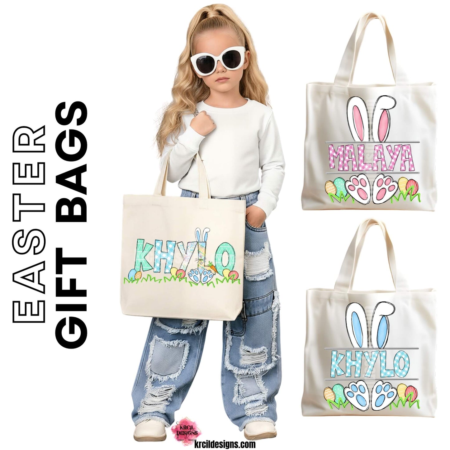 Easter Personalized Tote Bags by KrcilDesigns.com | Graphic design on a canvas tote bag, features your name, the letters are in different easter pastel patterns, one letter has a pink or blue Easter bunny character with bunny ears, bunny feet, and bunny tail, other letters have bunnies hop into them. Surrounding the letters are colorful Easter eggs, carrots, and the letters atop a row of grass. Add the kids names and make it truly yours!
