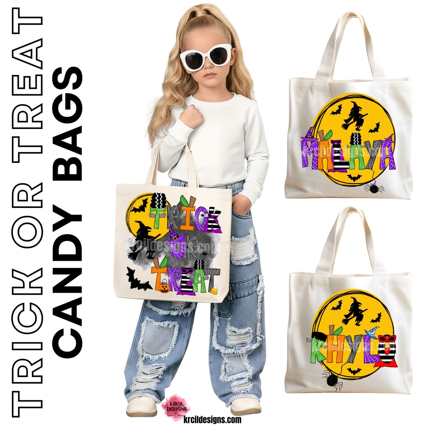 Halloween Personalized Tote Bags by KrcilDesigns.com | Graphic design on a canvas tote bag, features your name in Halloween patterned letters, made into the following characters: Frankenstein, the Bride of Frankenstein, pumpkin letters, witch and wizard hats, eerie spiders, and bewitching capes—all set against a backdrop of a mystical moon, flying witch, and bats.