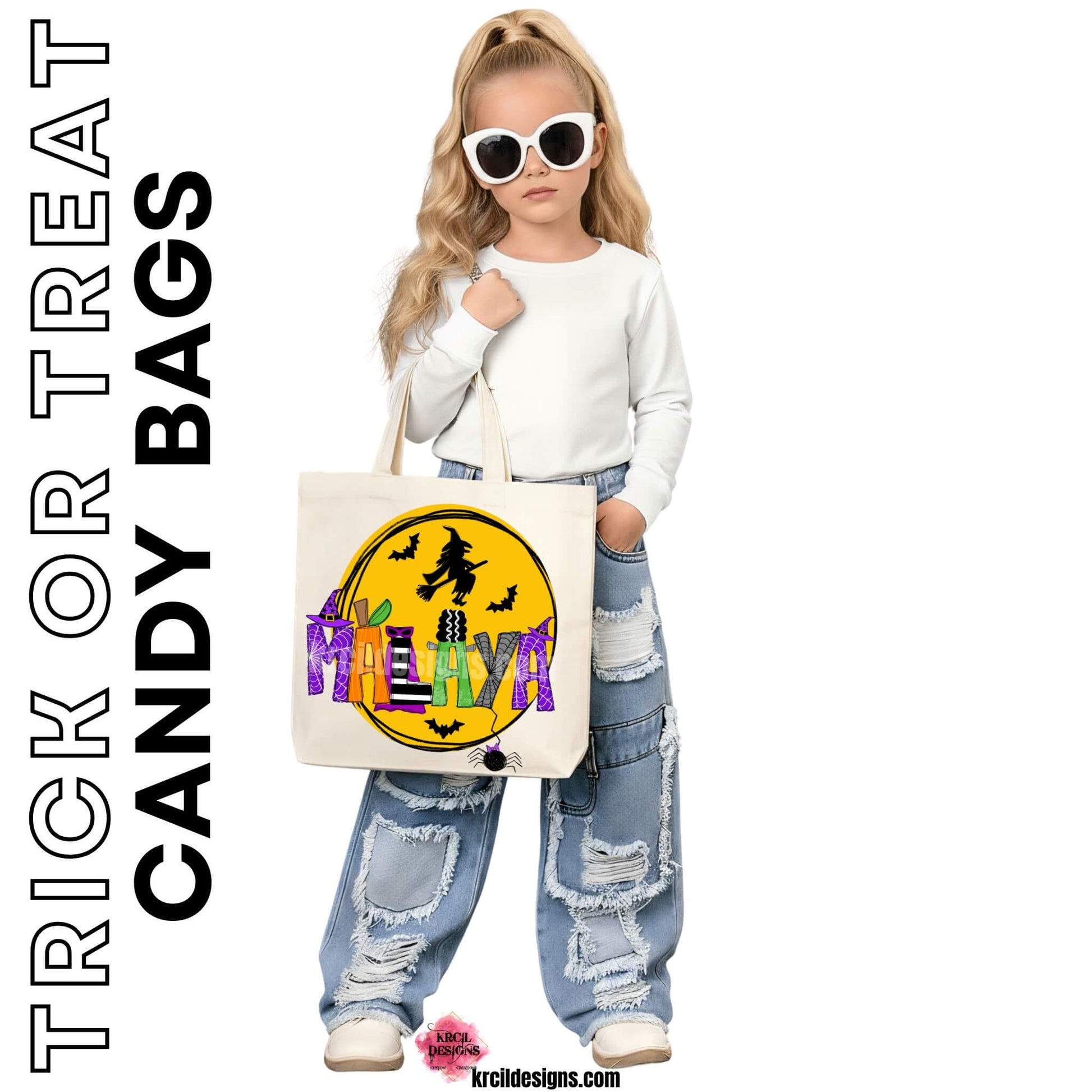 Halloween Personalized Tote Bags by KrcilDesigns.com | Graphic design on a canvas tote bag, features your name in Halloween patterned letters, made into the following characters: Frankenstein, the Bride of Frankenstein, pumpkin letters, witch and wizard hats, eerie spiders, and bewitching capes—all set against a backdrop of a mystical moon, flying witch, and bats.