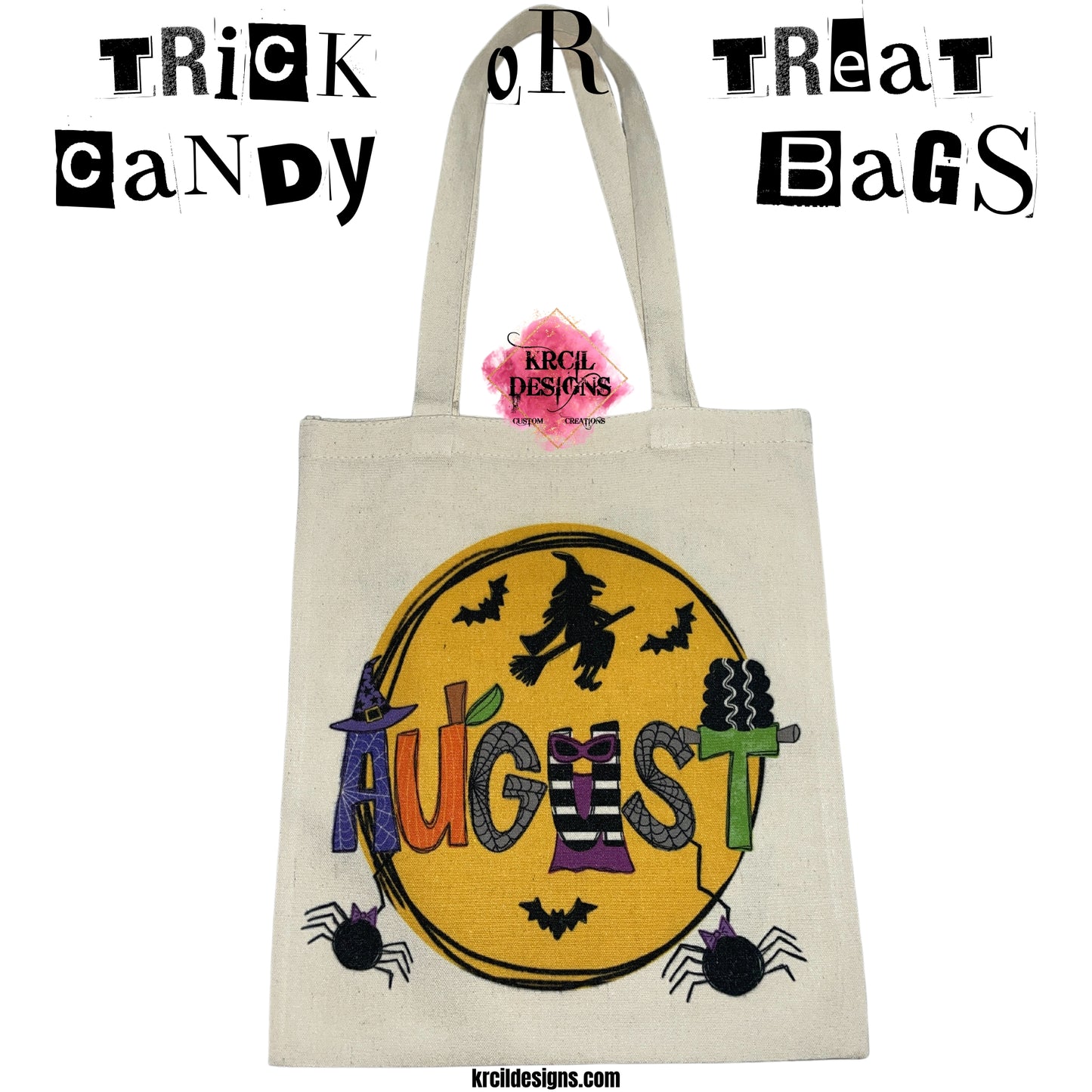 Your Name Halloween Candy Bag Canvas Tote Bag by Krcil Designs | Make a fashion statement with our Halloween letters featuring Frankenstein, the Bride of Frankenstein, pumpkin letters, witch and wizard hats, eerie spiders, and bewitching capes—all set against a backdrop of a mystical moon, flying witch, and bats. Embrace the Spooky Season! Personalize It - add name, initials, monogram, or special message. Reusable and Washable. Give the ultimate gift, add a cup, or t-shirt! KrcilDesigns.com