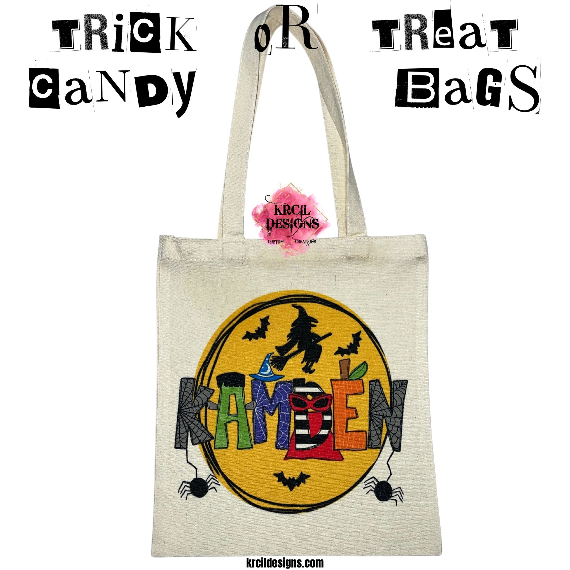 Your Name Halloween Candy Bag Canvas Tote Bag by Krcil Designs | Make a fashion statement with our Halloween letters featuring Frankenstein, the Bride of Frankenstein, pumpkin letters, witch and wizard hats, eerie spiders, and bewitching capes—all set against a backdrop of a mystical moon, flying witch, and bats. Embrace the Spooky Season! Personalize It - add name, initials, monogram, or special message. Reusable and Washable. Give the ultimate gift, add a cup, or t-shirt! KrcilDesigns.com